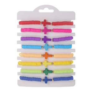 Bohemian cross charm 8-piece bracelet set with colorful heishi clay beads on display
