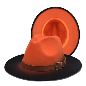 Orange and black ombre wool fedora hat with brown leather band and silver buckle