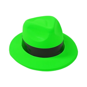 Neon green party fedora hat with black ribbon band for festive celebrations