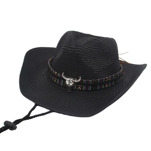 Western Straw Cowboy Hat Sun Protection Ethnic Band Metal Bull Head Adjustable Windproof Rope Retro Outdoor Travel