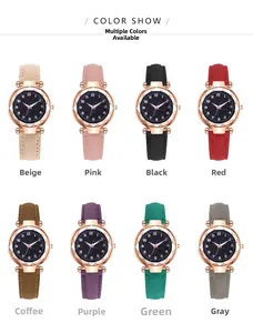 Overview of starry sky dial ladies watches showing eight various leather strap colors
