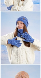 Detailed knit texture of purple winter set including hat, scarf, and touchscreen gloves