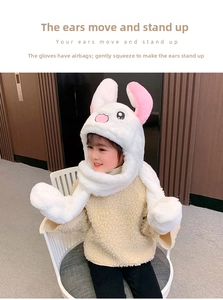 Detailed view of plush rabbit hat with ears that move and stand up via air pump system