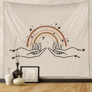 Detail of Boho tapestry featuring minimalist rainbow line art on beige fabric wall hanging