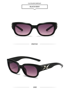 Detail of square black sunglasses with silver streamline metal accents and gradient lenses