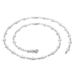 Handmade stainless steel cross chain necklace with secure lobster clasp on white background
