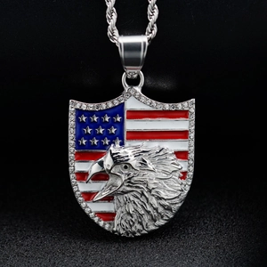 Silver hip hop eagle shield necklace with American flag enamel and rhinestones