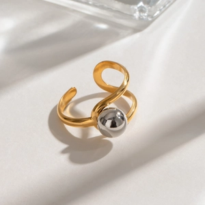 Adjustable two-tone stainless steel open ring with gold wavy band and silver spherical bead