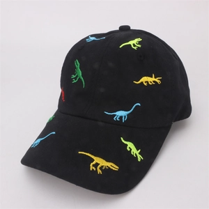 Detailed embroidery of colorful dinosaurs on a black cotton baseball cap for kids