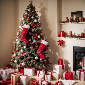 Plush Christmas stockings for pets with cat and dog motifs hanging on a decorated tree