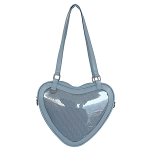 Detail of light blue heart-shaped JK bag with clear PVC window for badge display