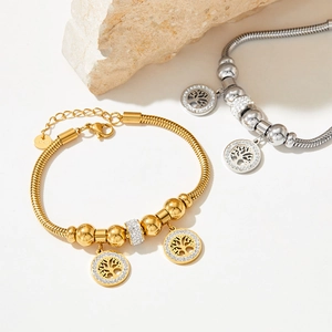 Tree Of Life Charm Bracelet Stainless Steel Rhinestone Snake Chain Adjustable Fashion Jewelry Women