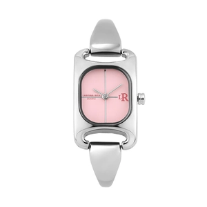 Elegant silver square quartz watch for women with pink dial and horsebit metal strap