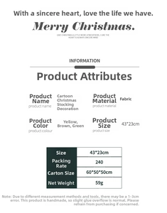 Tableau des dimensions et matériaux pour chaussettes de Noël en tissu en trois couleurs