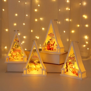 Christmas LED Lantern Night Light Plastic Glass Triangular Warm Glow Ornament Santa Snowman Elk Desktop Hanging Holiday Decor