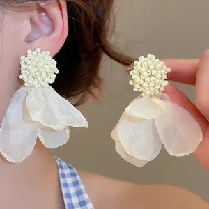 Elegant beige chiffon flower tassel earrings with pearls for a romantic French aesthetic