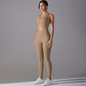 Detailed full-body view of high-waisted seamless yoga set with sports bra and leggings