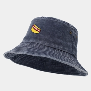 Vintage washed charcoal bucket hat with colorful hotdog embroidery and metal eyelets