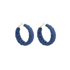 Blue denim fabric wrapped hoop earrings with gold-tone accents for women