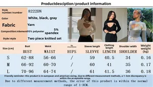 Detailed size chart and fabric specifications for two-piece V-neck knit sweater set