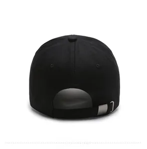 Rear view of black cotton baseball cap showing adjustable silver metal buckle detail