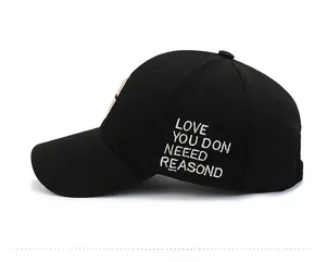 Detailed side view of black knit baseball cap with white LOVE YOU embroidery text