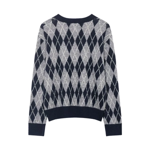 Classic argyle pattern long sleeve knit sweater in navy blue, white and grey colors