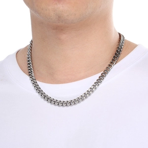 Polished silver 8mm Cuban link chain necklace for men shown on a model neck