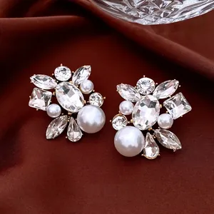 French palace style pear-shaped pearl stud earrings with sparkling rhinestones for women
