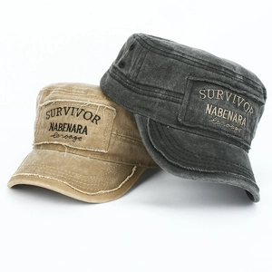 Vintage washed cotton flat top military caps with embroidered patches for men women
