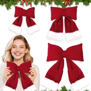 Red velvet Christmas bow with white plush trim shown in multiple angles and handheld view