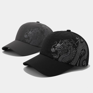 Quick-dry baseball caps with dragon print in charcoal black and dark gray colors