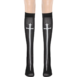 Detail of gothic knee-high sheer socks featuring a white cross pattern for nun costumes