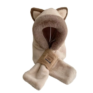 Plush hooded scarf with cute cat ears in beige and coffee patchwork design