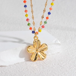 Double-layered 18K gold stainless steel necklace with colorful beads and flower pendant