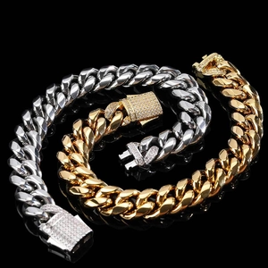 S-shaped gold and silver stainless steel Cuban link bracelets with zircon spring clasps