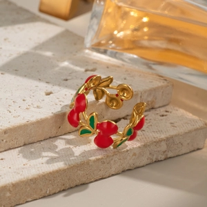 Pastel cherry enamel open ring in gold stainless steel finish for women accessories