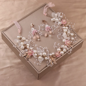 Blumenkrone Stirnband Clip Ohrringe Handgelenk Corsage Legierung Kunstperle Floral Hochzeit Haarschmuck Mädchen