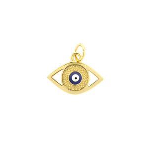 Detailed view of the gold-plated enamel evil eye pendant with blue and white zircon inlays
