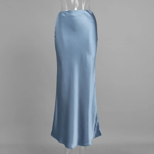 Detailed view of elegant light blue satin midi skirt with sleek mermaid cut silhouette