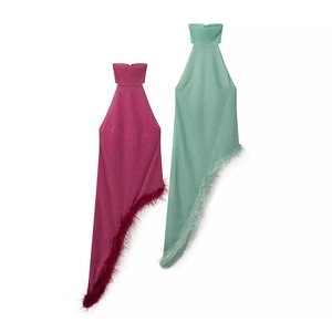 Sexy halter neck asymmetrical dress with feather hem in magenta and light green colors
