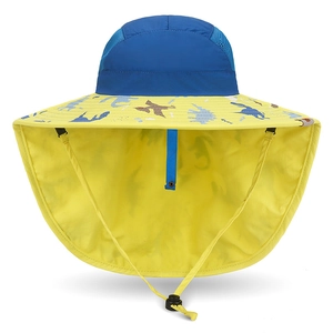 Chapeau de soleil enfant avec protège-nuque et motifs dinosaures sur large bord jaune