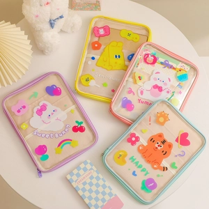 Cute Cartoon Laptop Sleeve Transparent PVC Mesh Multi Layer Tablet Case Storage Bag Kawaii Student Accessory
