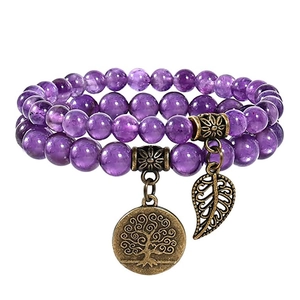 Three-layer purple crystal bead bracelet with tree of life and leaf metal charms