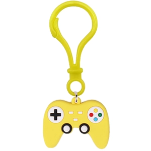Detailed view of yellow cartoon game controller silicone keychain with lobster clasp