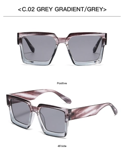 Front and 45-degree views of square thick-frame sunglasses in grey gradient finish