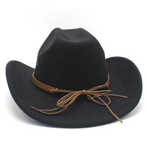 Close-up of black felt western cowboy hat featuring a brown leather decorative bow band