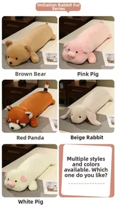 Close-up of assorted plush animal long pillows including bear, pig, and rabbit styles