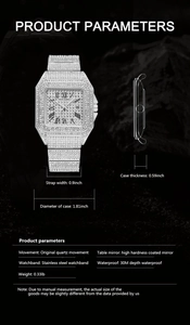 Detailed product parameters of silver square diamond watch with stainless steel strap