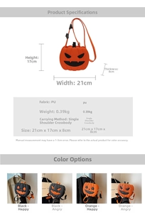 Detail view of pumpkin crossbody bag showing 21x17x8cm size and PU leather texture